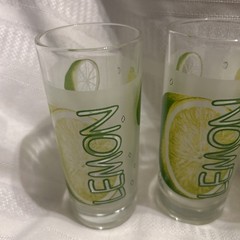 Set OfFour Decorated Lemon Glasses 5 1/2 Inches, Green/yellow Frosted