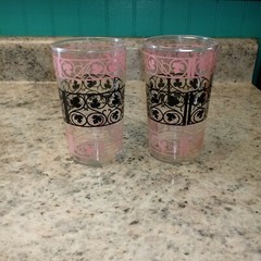 Set RARE Vintage Glass Tumblers Juice Glasses Pink Gooseberry Vine 1950s retro