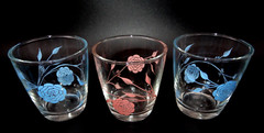 VINTAGE SET OF 3 PINK & BLUE HAZEL ATLAS 8 OZ. SOUR CREAM DRINKING GLASSES