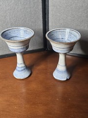 Deneen Pottery Stamped Pair of Blue&White Wine Cordial Aperitif Goblets