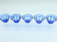 5 Blue Cut To Clear Hand Blown Crystal 4 Oz 4-5/8″ Flared Sherry Wine Glasses