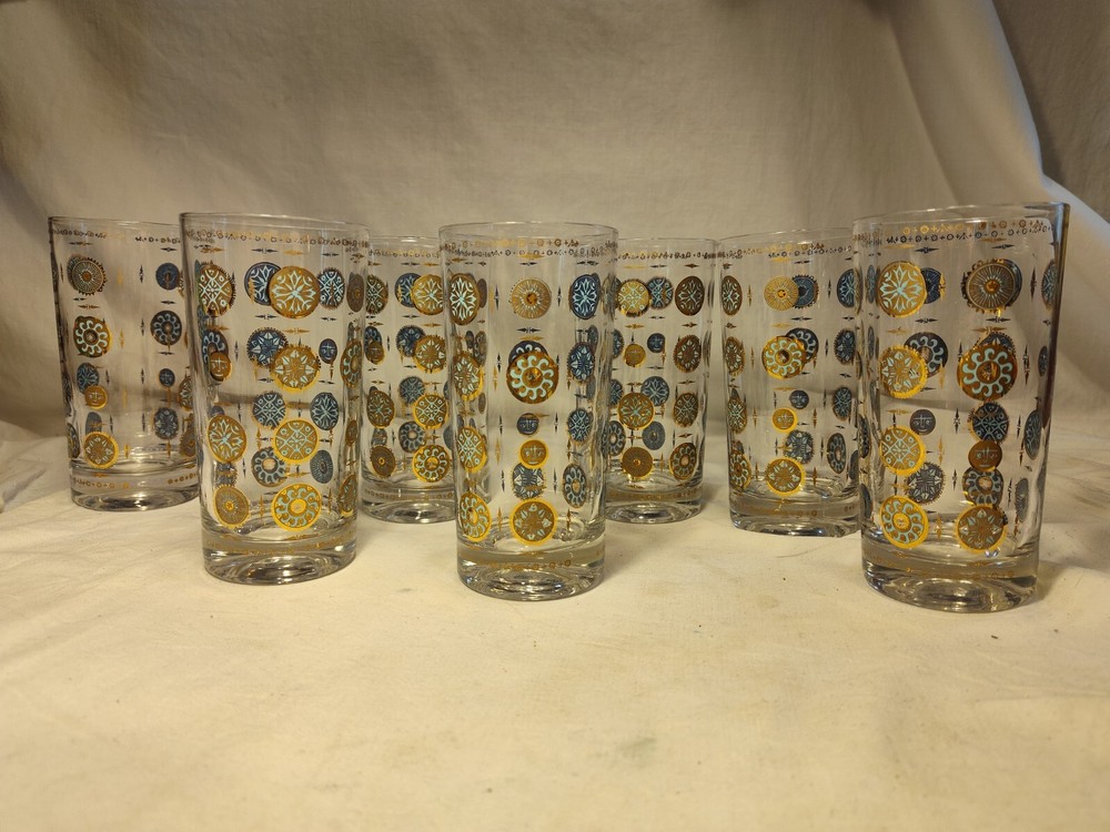 7 MCM Culver Tumbler 22k Gold Aqua Blue Drinking Glasses