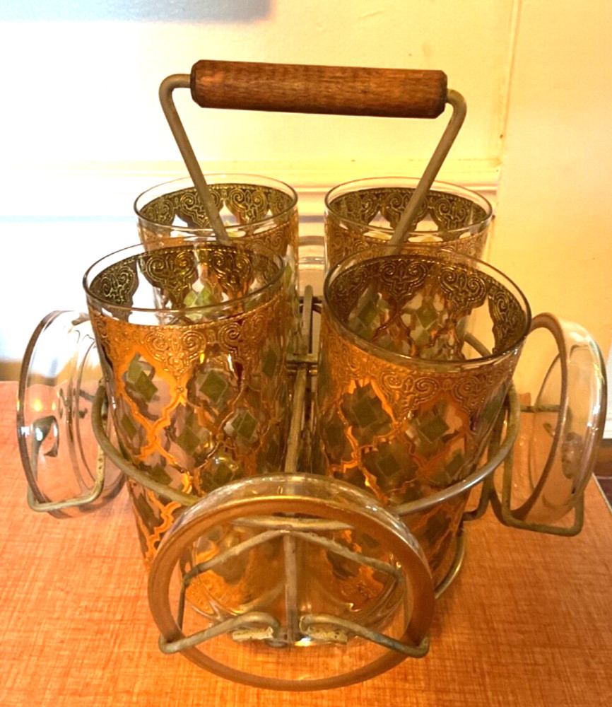 4 Vtg Valencia Green 22K Gold-Plate Culver Collins bar Glasses Caddy coaster