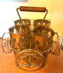 4 Vtg Valencia Green 22K Gold-Plate Culver Collins bar Glasses Caddy coaster