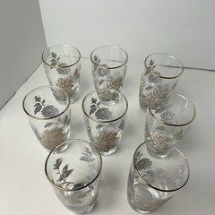Libbey Glass Vintage Mid Century Gold / White Rose Bouquet Gold Trim 8 Tumblers