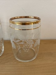 Set of 4 Vintage Bartlett Collins 3” Frosted Grape Leaf Etched Gold Rim Glasses