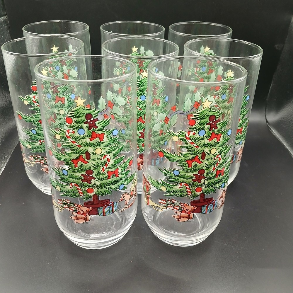 8 (EIGHT) Tienshan Christmas Tree tumbler water tea glasses 6 1/4” 12-14 oz.