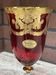 Art Decor Ruby Red Water Glass/Wine Goblet 24K Gold Made In Italy NEW Set Of 2