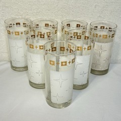 VTG Atomic Starburst STARS Drinking Glasses MCM 7 BARWARE White Gold Highball