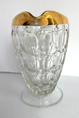 VINTAGE Jeannette Clear Glass Crystal “Thumbprint” Footed Pitcher w/Gold Trim VG
