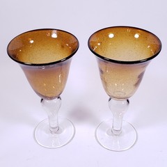 ARTLAND IRIS Artisan Amber Blown Glass Bubbles Ball Stem WATER GOBLET SET
