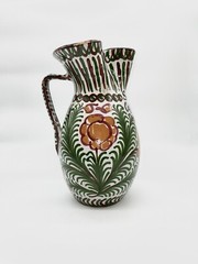 Vintage Green Gold Brown Carnation Sangria Pitcher, Hand Painted Stamped Spain