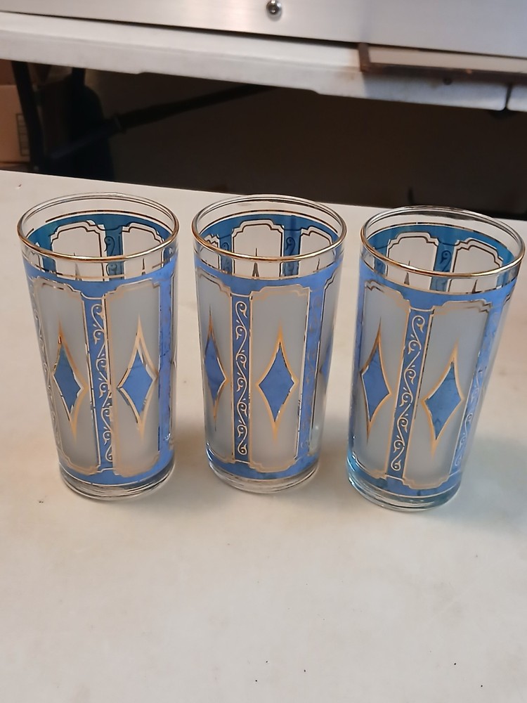 Vintage MCM LIBBEY AQUA BLUE DIAMOND 22K GOLD TRIM COCKTAIL GLASSES TOM COLLINS