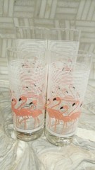 4 Vtg MCM 5.25″ Pink Flamingo/Stripes Tom Collins Luminarc Glass Drink Tumblers