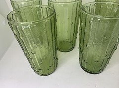 5 Glass Tumblers Set Anchor Hocking Tahiti Bamboo Avocado Green 1960 Drinking
