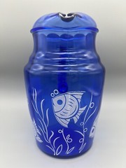 Rare Hazel Atlas Cobalt Blue Pitcher 86 oz White Angel Fish Vintage 1930’s VGC!