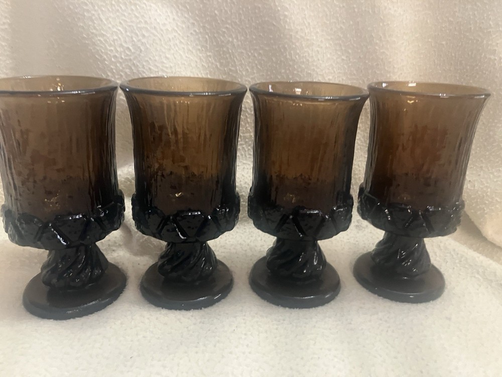 Vintage Fostoria Glass «Sorrento» Brown Water Goblets / Chalices – Set of 4