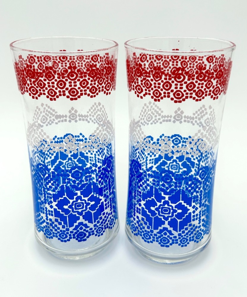 Libbey Red White Blue Lace Pattern Tall Drinking Glasses Set Of 2.