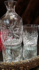Vintage RARE Crystal CUT GLASS TUMBLE UP Carafe & Tumbler PINWHEEL Tag POLAND!