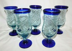 Hand Blown Mexico Swirl Light Blue Body Cobalt Blue Rim & Base 5 Wine Goblets 17