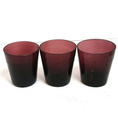 Vtg Set of 3 Amethyst Glass 6oz Tumblers Hand Cut Leaf Border Whiskey Glass EUC