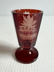 Antique Bohemian Cut To Clear Ruby Red Glass w/ Architectural Etchings Spa Glass
