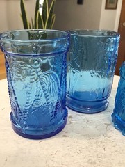 3 Vtg Blue Glass Patriotic Eagle Soldier Glasses, 2 Wheaton, 1 Kanawha Toothpick
