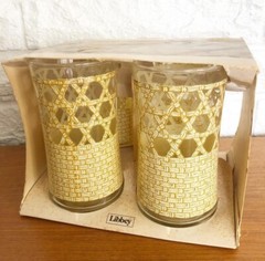 Vintage LIBBEY Set of 4 NOS Bamboo Cane Print Flared Tumbler Glasses 5.25” IOP