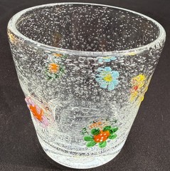 Crate & Barrel Zazz Seeded Bubble Glass Flower Tumbler Miliefiori Daisy 3.75”