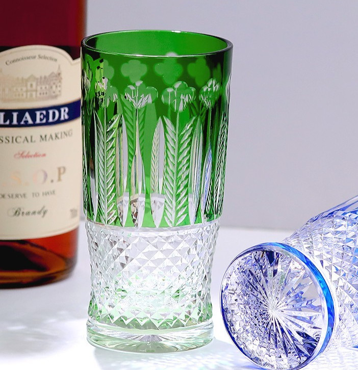 280ml Vintage Hand Cut Green Crystal Highball Glass Tumbler Edo Kiriko Drinkware