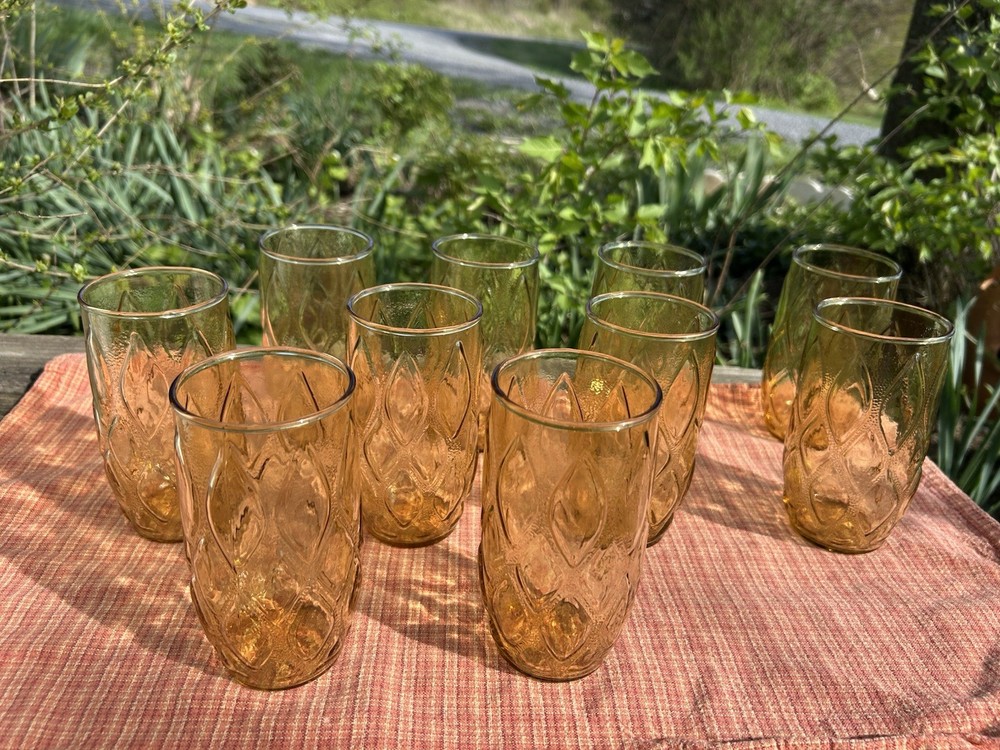 Vintage Anchor Hocking Madrid Amber Glass Tumblers Set Of 10 EC 12oz