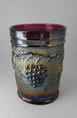 c1912 Dugan Glass Grape & Leaves, Vineyard Bark Amethyst Carnival Tumbler