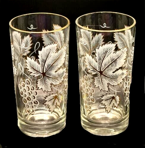 Gold & White Grape Leaves Pattern 10 oz Water Glass LOT 5.5 in Highball Tumbler