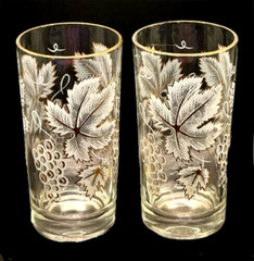 Gold & White Grape Leaves Pattern 10 oz Water Glass LOT 5.5 in Highball Tumbler