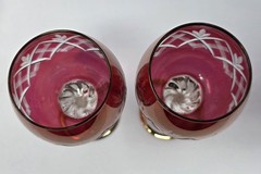 6 Vintage Red Cut Glass Romer Style Wine Glasses Twisted Stem & Gold Rim Base