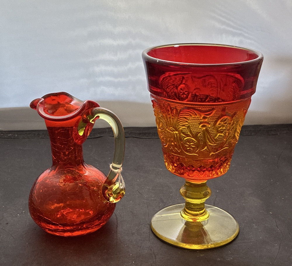 Set of 2 Glass Goblet and Handled Pitcher Red Amber Two-Piece