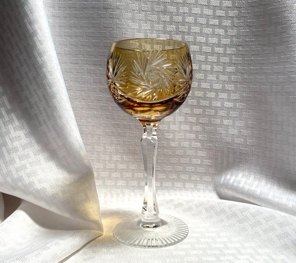 BEYER WINE GLASS 7 5/8″ CASED TOPAZ BROWN CUT TO CLEAR CRYSTAL BOHEMIAN GERMAN