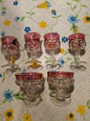Lot of 6 Indiana/Tiffin Kings Crown Cranberry Flash Thumbprint Stemmed Glassware