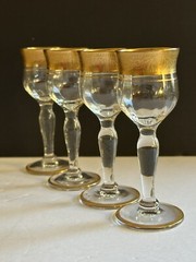 4 Ransgil Rambler Rose Optic Clear Cordial Glasses 1oz Gold Rim 4” Rare