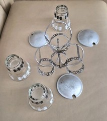 Mid-Century Glass & Aluminum Vintage Condiment 3 Glasses Set w/ Caddy & Lids