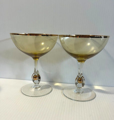 Pair Jozef Stanik Art Deco Gold Ball Stem Crystal Goblets