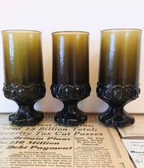 Set Of 3 Vintage Franciscan Madeira Deep Olive Green Footed Glasses – 6.5″ 1970s