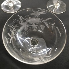Vintage 1920s Gray Cut Birds Nests & Eggs Hand Blown Champagne Glasses, Lot Of 3