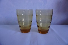 Hazel Atlas Waterfall gold Saturn optic pitcher + 5 highball glass tumblers