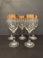 Set Of 5 Bernini 24K GOLD Trim Etched Blown Crystal Wine Glasses Italy 8” Tall