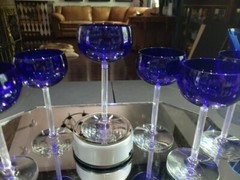 (7) «Rhine Wine» glasses 6″, Fostoria «Classic Cobalt Blue» clear stem 6011 RARE