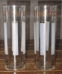 4 Vintage Federal Glass Barware Tom Collins Gold Black Snowflake White Stripes