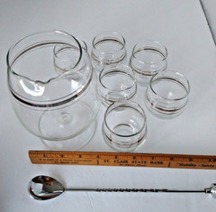MCM Anchor Hocking Cocktail Set Silver Bands Original Box Silver Trim Lot of 8