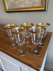 Set Of 5 Bryce Vintage Water Goblets 355-18 Etched Gold Encrusted Rim 6 3/8”