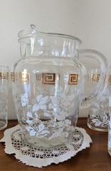 Anchor Hocking Grecian Key White Leaves w/Gold Pitcher & 7 Glasses. Vintage MCM.